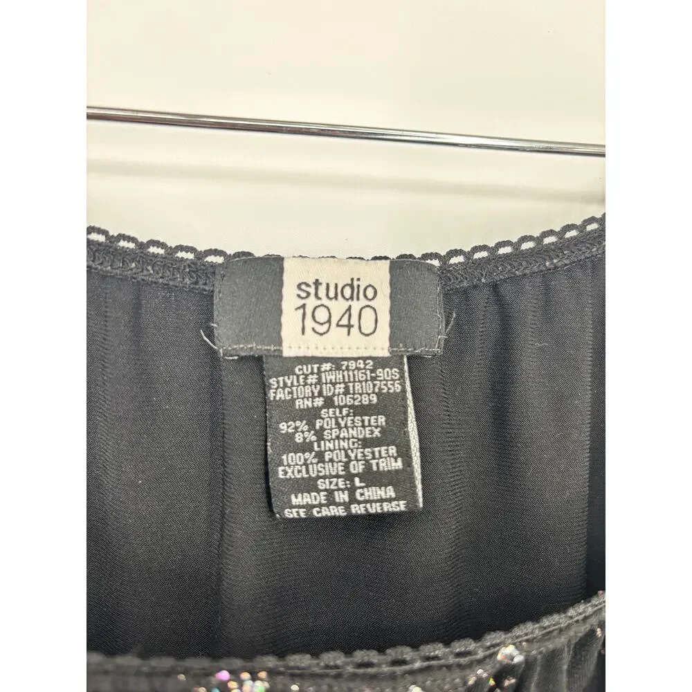 Studio 1940 Blouse Ruched Embellished Rhinestone Stretch Top Black‎ Size Large